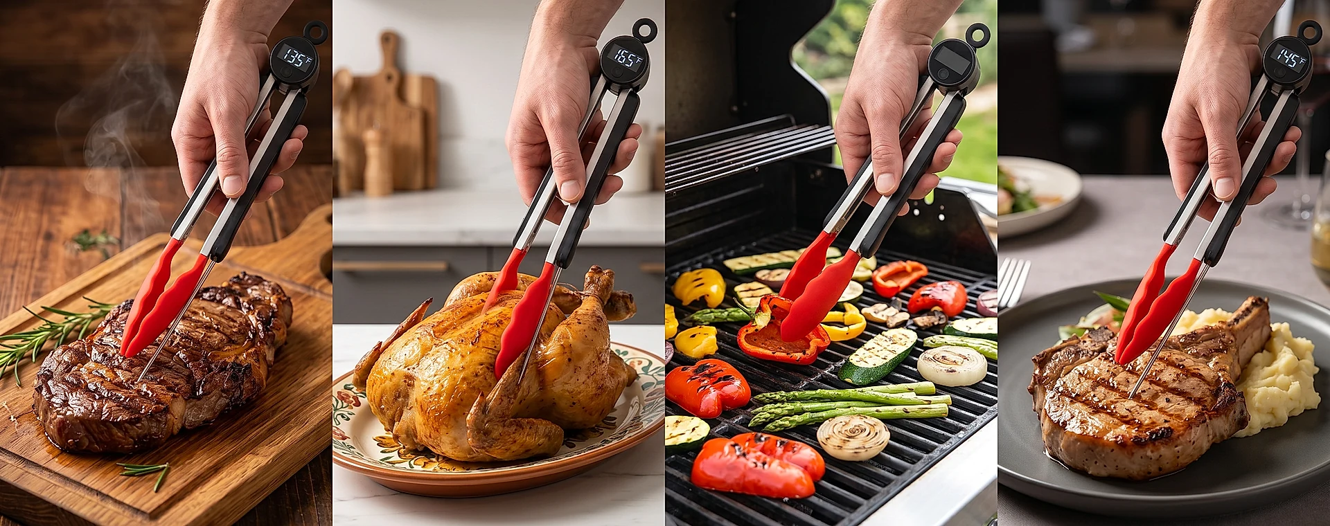 KINGEAR ThermoTongs used across grill and kitchen cooking scenes