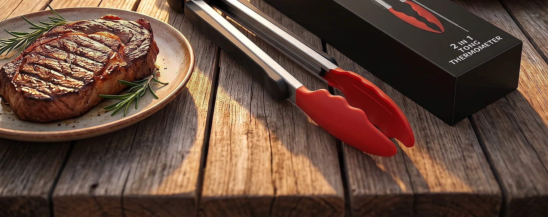 ThermoTongs with its built-in thermometer beside KINGEAR retail packaging
