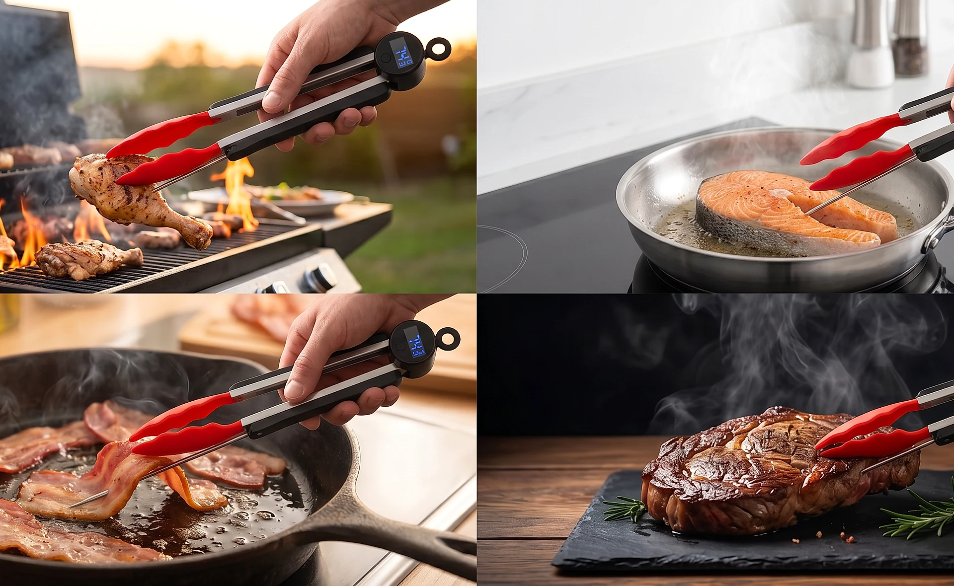 ThermoTongs gripping food in a home kitchen and beside an outdoor BBQ