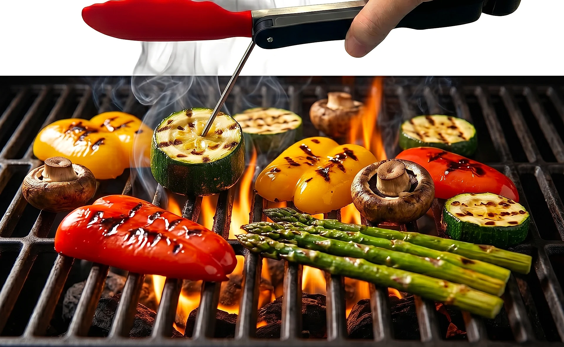 ThermoTongs checking meat temperature beside grilled vegetables