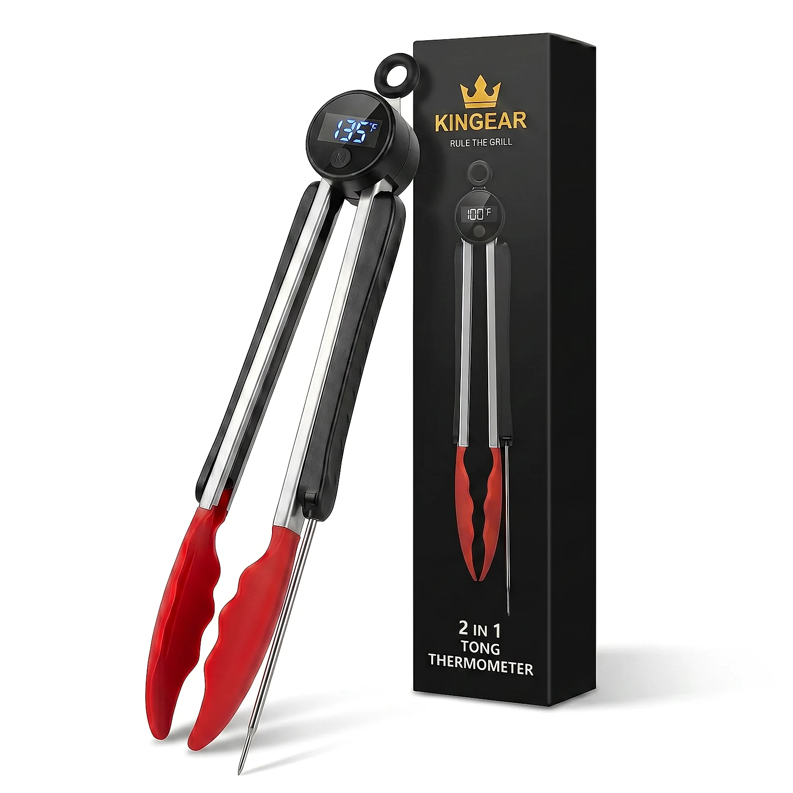 ThermoTongs with its built-in thermometer beside KINGEAR retail packaging