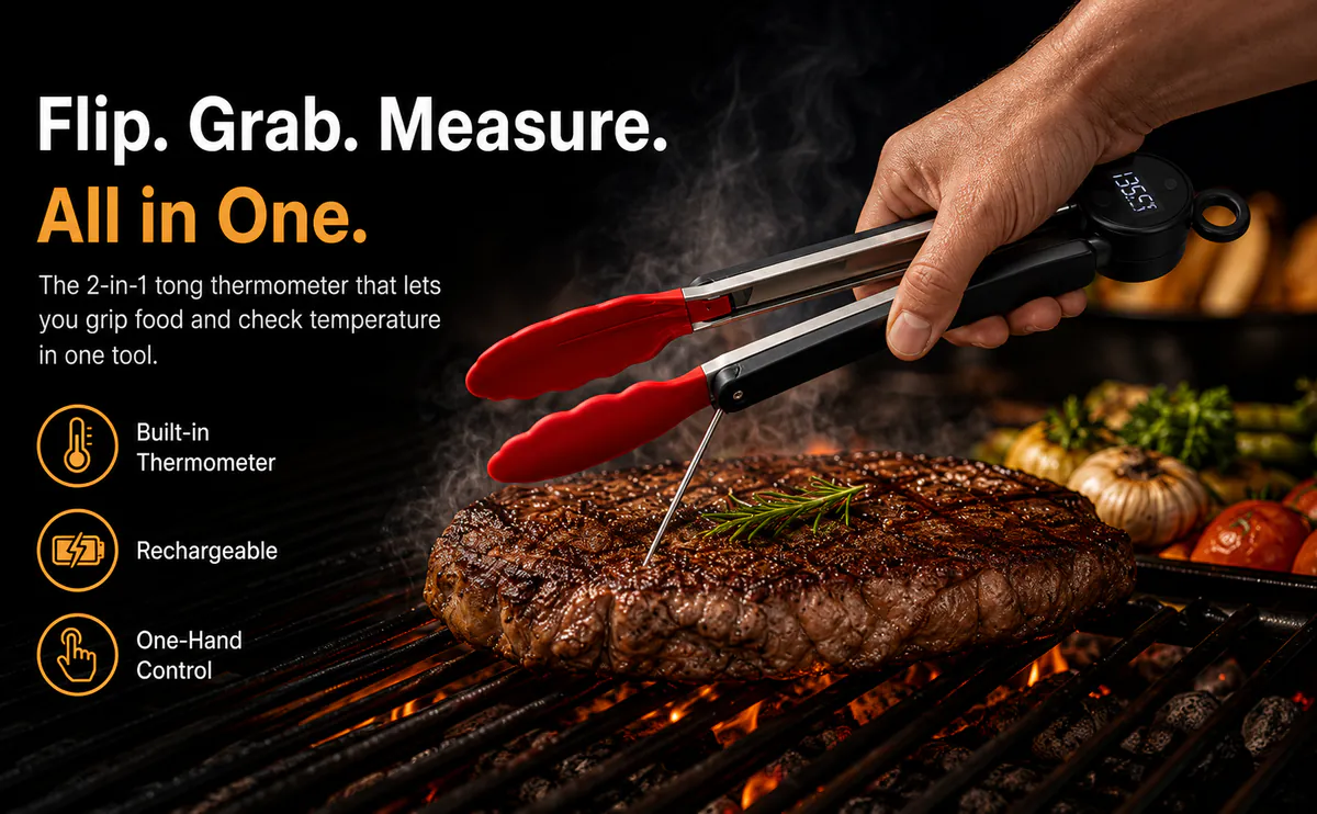 ThermoTongs barbecue tongs spot-checking steak with the built-in meat thermometer