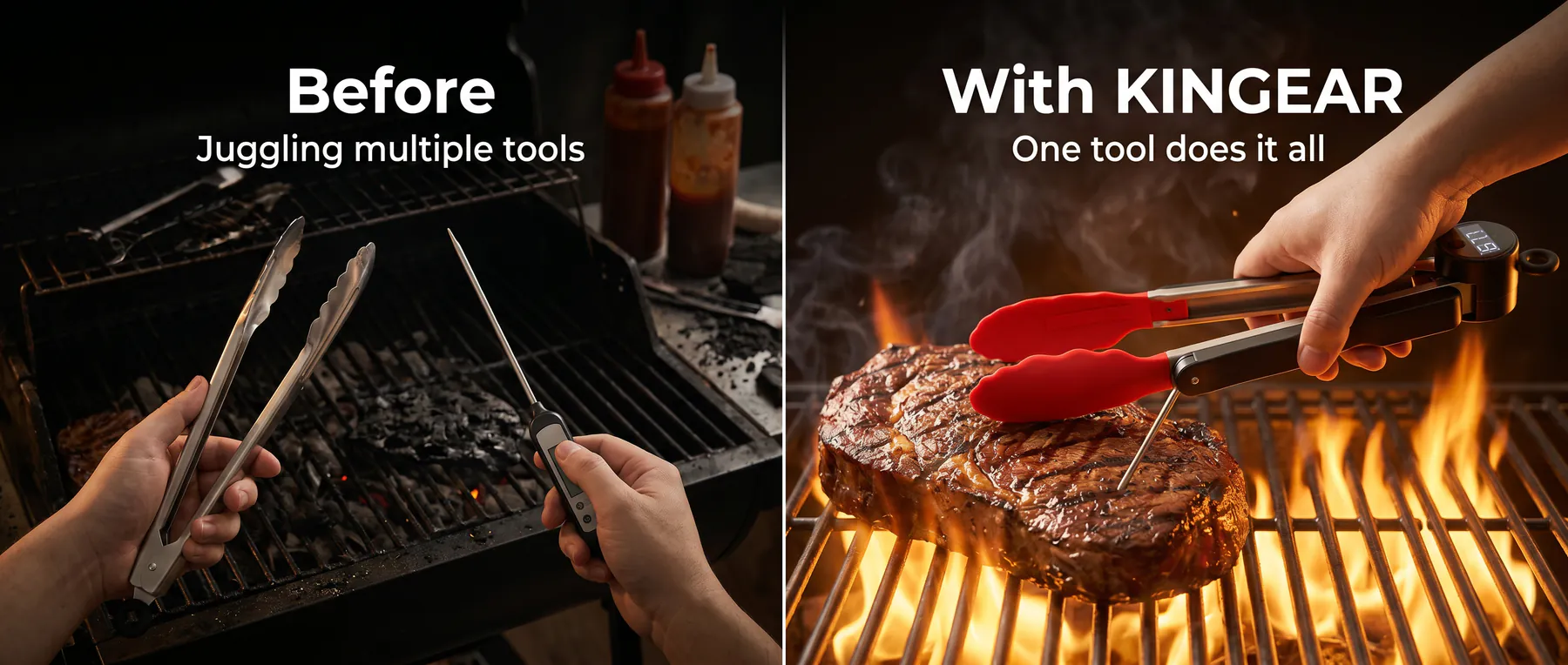 ThermoTongs combining barbecue tongs and a food thermometer in one workflow