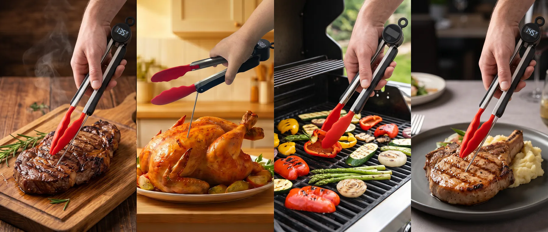 ThermoTongs gripping food in a home kitchen and beside an outdoor grill