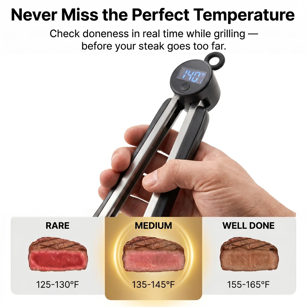 Illustrated steak doneness examples with ThermoTongs