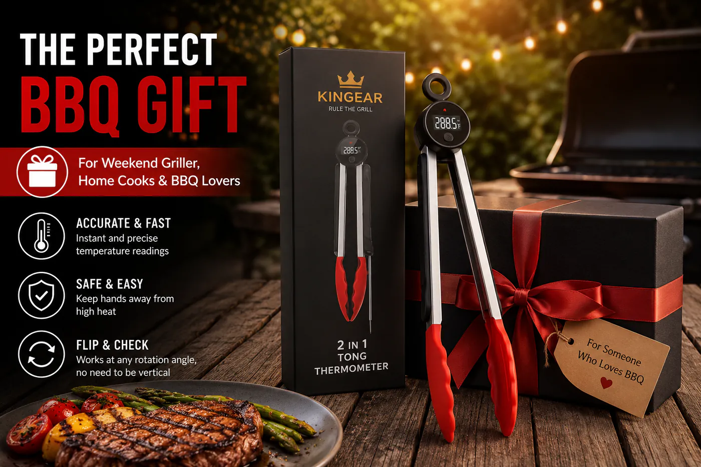 ThermoTongs gift set beside grilled steak and burgers