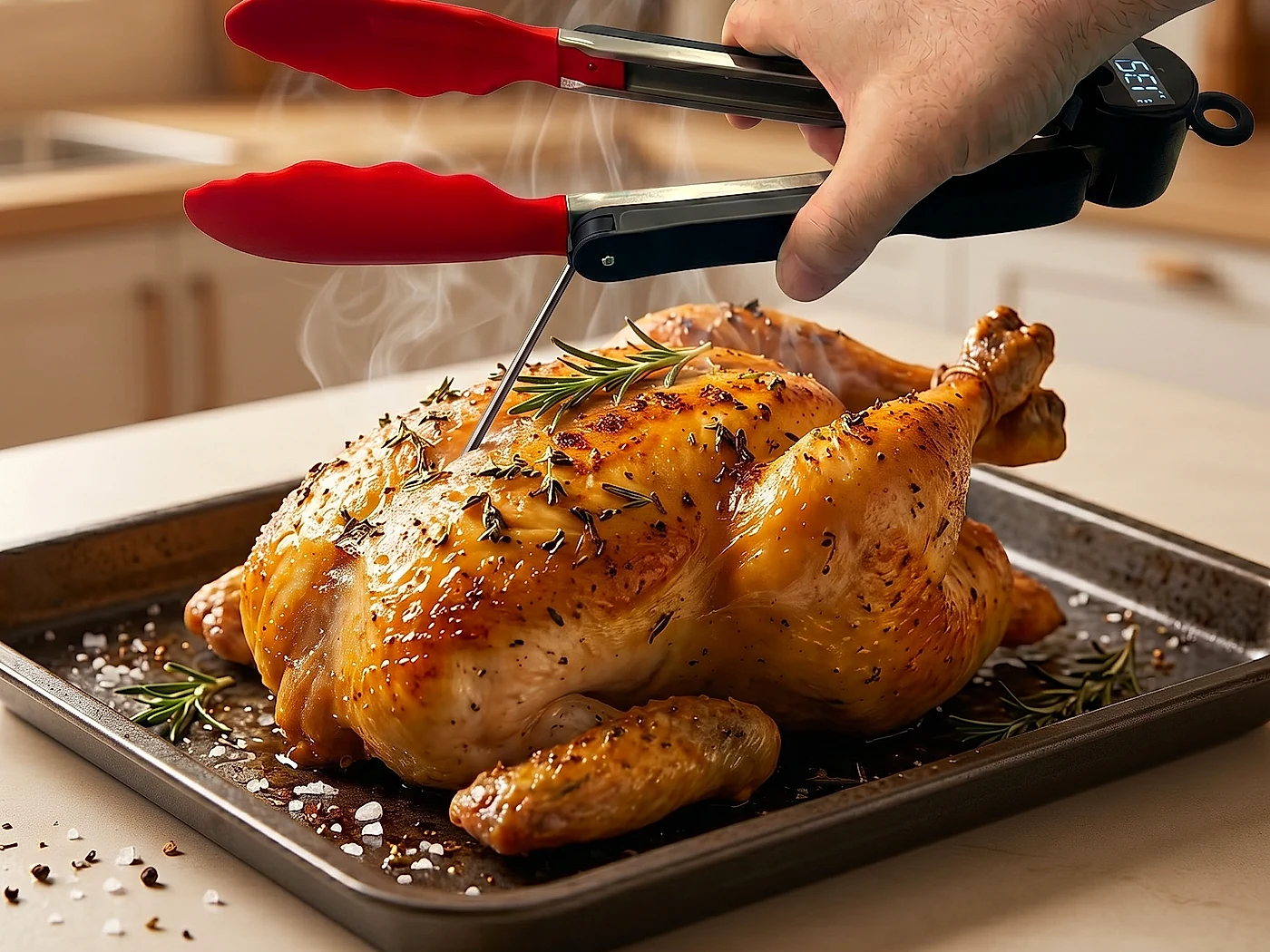 ThermoTongs meat thermometer probe checking the thickest part of chicken