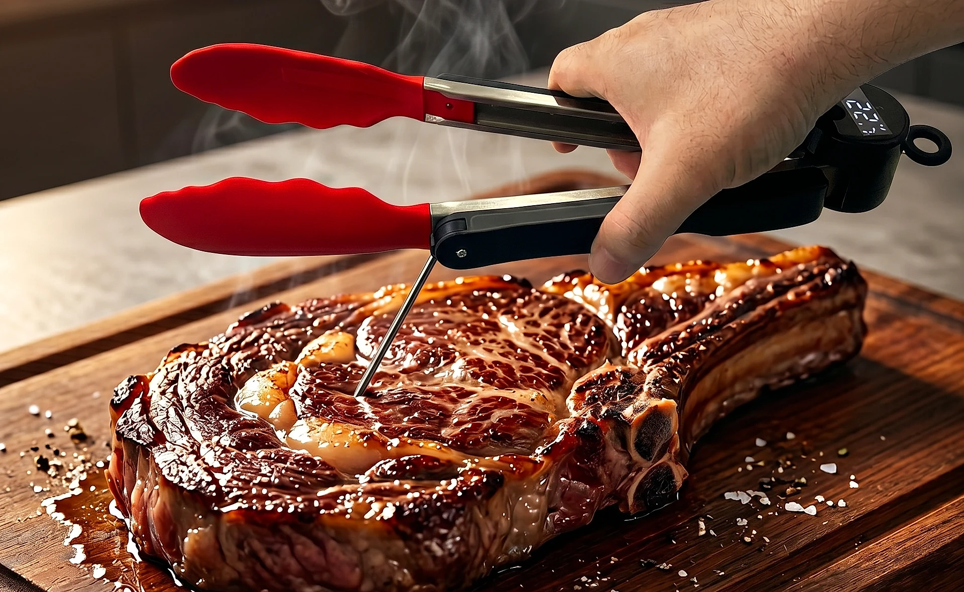 ThermoTongs BBQ tongs spot-checking steak with the built-in meat thermometer
