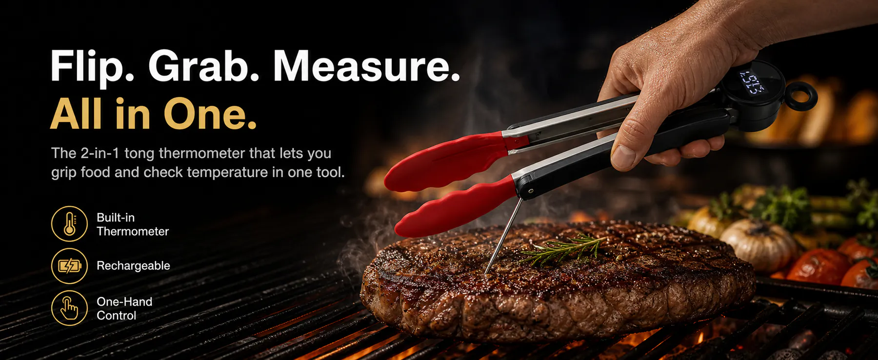Pinzas ThermoTongs comprobando un filete con el termómetro de carne integrado
