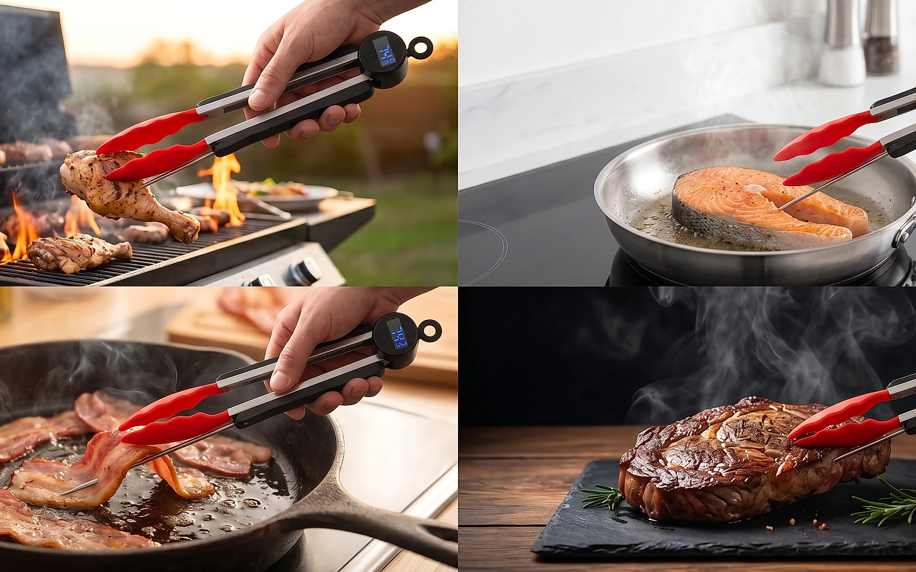 ThermoTongs che afferra alimenti in cucina e accanto al barbecue